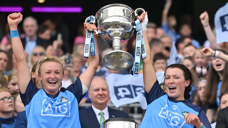 Dublin captain Carla Rowe (left) and Leah Caffrey lift the Brendan Martin Cup after their All-Ireland final victory over Kerry