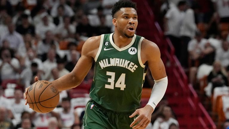 Milwaukee Bucks forward Giannis Antetokounmpo (34) dribbles the ball during the first half of Game 4 in a first-round NBA basketball playoff series against the Miami Heat,  (AP Photo/Marta Lavandier, File)