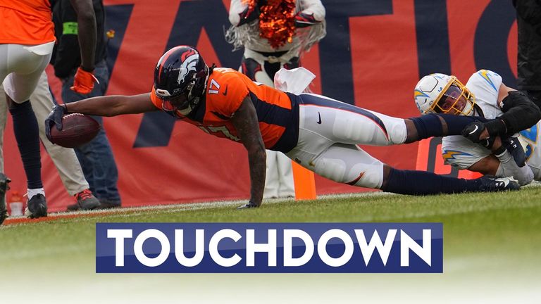 Denver Broncos wide receiver Lil&#39;Jordan Humphrey (17) scores a touch down against the Los Angeles Chargers of an NFL football game Sunday December 31, 2023, in Denver. (AP Photo/Bart Young)


