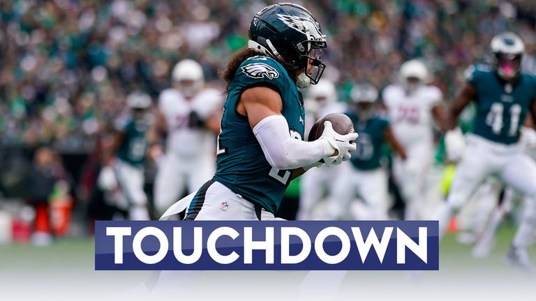 Sydney Brown goes length of field for score a 99 yard pick-six to extend the Eagles lead against the Cardinals. 